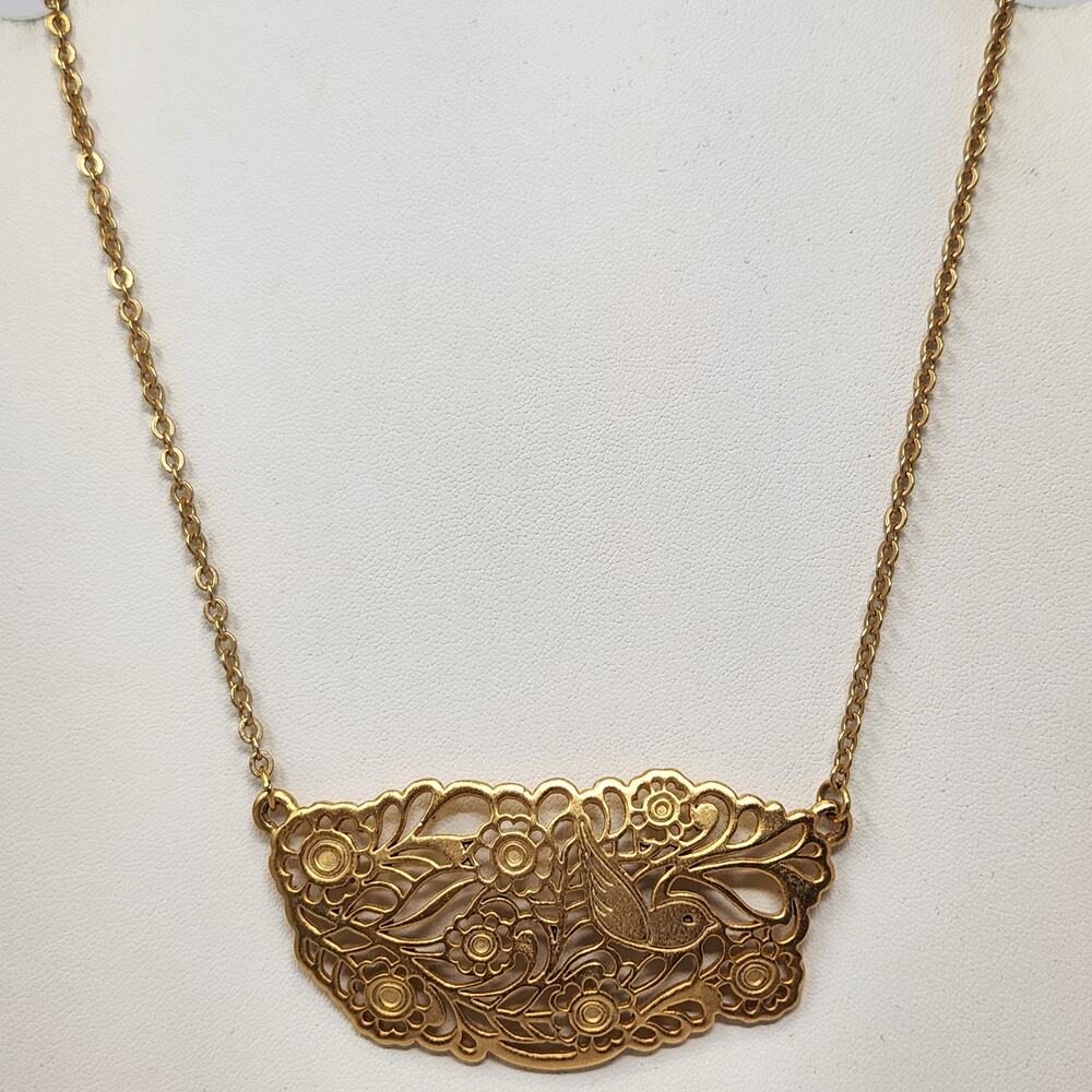 Foxy Originals Bird Floral Filigree Pendant Chain Necklace Gold Tone Vintage